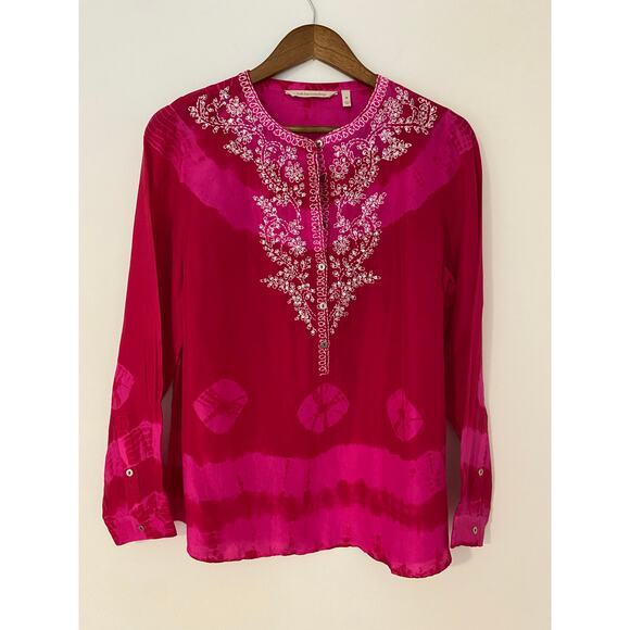 Soft Surroundings Hibiscus Lagoon Boho 100% Silk Blouse Hot Pink Red Fuschia M - Picture 1 of 10